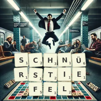 Kreative Illustration für ein Scrabble-Spiel, bei dem das Wort SCHNÜRSTIEFEL mit Steinen auf dem Brett gelegt wurde.