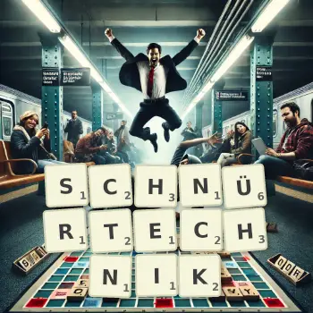 Kreative Illustration für ein Scrabble-Spiel, bei dem das Wort SCHNÜRTECHNIK mit Steinen auf dem Brett gelegt wurde.