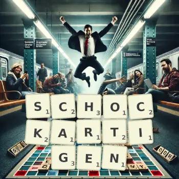 Kreative Illustration für ein Scrabble-Spiel, bei dem das Wort SCHOCKARTIGEN mit Steinen auf dem Brett gelegt wurde.