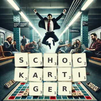 Kreative Illustration für ein Scrabble-Spiel, bei dem das Wort SCHOCKARTIGER mit Steinen auf dem Brett gelegt wurde.