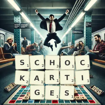 Kreative Illustration für ein Scrabble-Spiel, bei dem das Wort SCHOCKARTIGES mit Steinen auf dem Brett gelegt wurde.