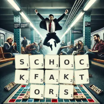 Kreative Illustration für ein Scrabble-Spiel, bei dem das Wort SCHOCKFAKTORS mit Steinen auf dem Brett gelegt wurde.