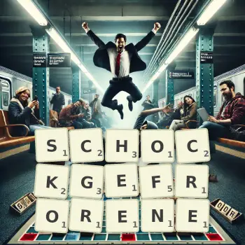 Kreative Illustration für ein Scrabble-Spiel, bei dem das Wort SCHOCKGEFRORENE mit Steinen auf dem Brett gelegt wurde.