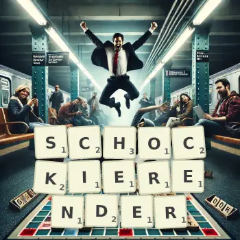 Kreative Illustration für ein Scrabble-Spiel, bei dem das Wort SCHOCKIERENDER mit Steinen auf dem Brett gelegt wurde.