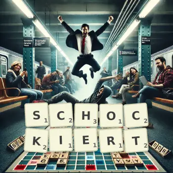 Kreative Illustration für ein Scrabble-Spiel, bei dem das Wort SCHOCKIERT mit Steinen auf dem Brett gelegt wurde.