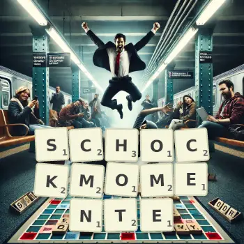 Kreative Illustration für ein Scrabble-Spiel, bei dem das Wort SCHOCKMOMENTE mit Steinen auf dem Brett gelegt wurde.