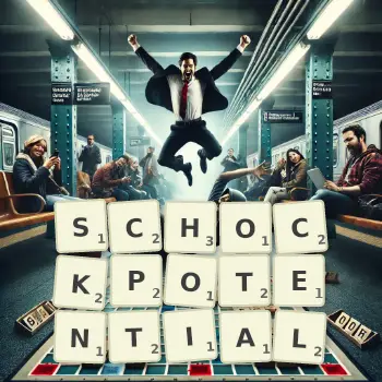 Kreative Illustration für ein Scrabble-Spiel, bei dem das Wort SCHOCKPOTENTIAL mit Steinen auf dem Brett gelegt wurde.