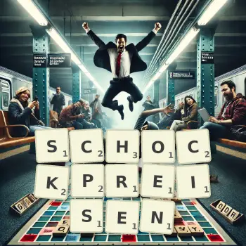 Kreative Illustration für ein Scrabble-Spiel, bei dem das Wort SCHOCKPREISEN mit Steinen auf dem Brett gelegt wurde.
