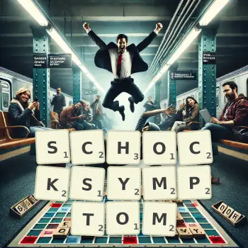 Kreative Illustration für ein Scrabble-Spiel, bei dem das Wort SCHOCKSYMPTOM mit Steinen auf dem Brett gelegt wurde.