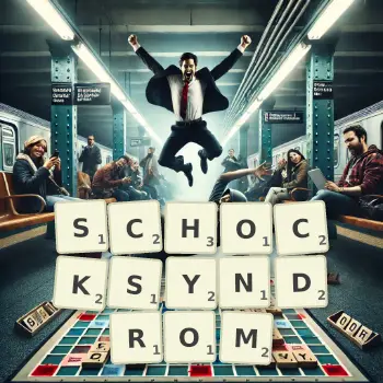 Kreative Illustration für ein Scrabble-Spiel, bei dem das Wort SCHOCKSYNDROM mit Steinen auf dem Brett gelegt wurde.