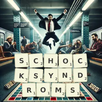 Kreative Illustration für ein Scrabble-Spiel, bei dem das Wort SCHOCKSYNDROMS mit Steinen auf dem Brett gelegt wurde.