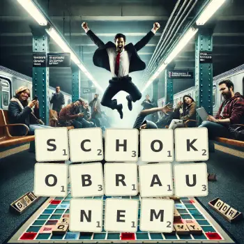 Kreative Illustration für ein Scrabble-Spiel, bei dem das Wort SCHOKOBRAUNEM mit Steinen auf dem Brett gelegt wurde.