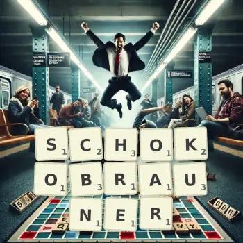 Kreative Illustration für ein Scrabble-Spiel, bei dem das Wort SCHOKOBRAUNER mit Steinen auf dem Brett gelegt wurde.