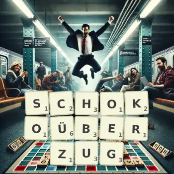 Kreative Illustration für ein Scrabble-Spiel, bei dem das Wort SCHOKOÜBERZUG mit Steinen auf dem Brett gelegt wurde.