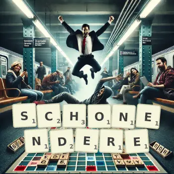 Kreative Illustration für ein Scrabble-Spiel, bei dem das Wort SCHONENDERE mit Steinen auf dem Brett gelegt wurde.
