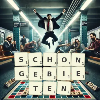 Kreative Illustration für ein Scrabble-Spiel, bei dem das Wort SCHONGEBIETEN mit Steinen auf dem Brett gelegt wurde.