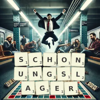 Kreative Illustration für ein Scrabble-Spiel, bei dem das Wort SCHONUNGSLAGER mit Steinen auf dem Brett gelegt wurde.