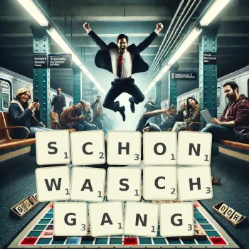 Kreative Illustration für ein Scrabble-Spiel, bei dem das Wort SCHONWASCHGANG mit Steinen auf dem Brett gelegt wurde.