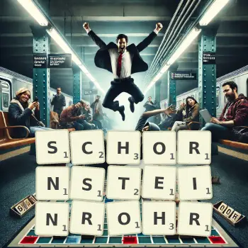 Kreative Illustration für ein Scrabble-Spiel, bei dem das Wort SCHORNSTEINROHR mit Steinen auf dem Brett gelegt wurde.