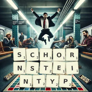 Kreative Illustration für ein Scrabble-Spiel, bei dem das Wort SCHORNSTEINTYP mit Steinen auf dem Brett gelegt wurde.