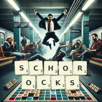 Kreative Illustration für ein Scrabble-Spiel, bei dem das Wort SCHOROCKS mit Steinen auf dem Brett gelegt wurde.