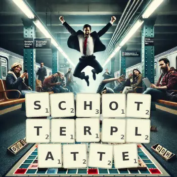 Kreative Illustration für ein Scrabble-Spiel, bei dem das Wort SCHOTTERPLATTE mit Steinen auf dem Brett gelegt wurde.