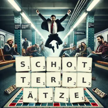 Kreative Illustration für ein Scrabble-Spiel, bei dem das Wort SCHOTTERPLÄTZE mit Steinen auf dem Brett gelegt wurde.