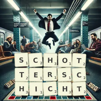 Kreative Illustration für ein Scrabble-Spiel, bei dem das Wort SCHOTTERSCHICHT mit Steinen auf dem Brett gelegt wurde.