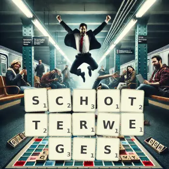 Kreative Illustration für ein Scrabble-Spiel, bei dem das Wort SCHOTTERWEGES mit Steinen auf dem Brett gelegt wurde.