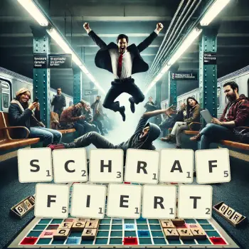 Kreative Illustration für ein Scrabble-Spiel, bei dem das Wort SCHRAFFIERT mit Steinen auf dem Brett gelegt wurde.