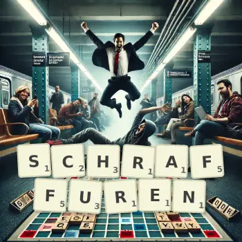 Kreative Illustration für ein Scrabble-Spiel, bei dem das Wort SCHRAFFUREN mit Steinen auf dem Brett gelegt wurde.