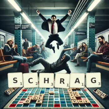 Kreative Illustration für ein Scrabble-Spiel, bei dem das Wort SCHRAG mit Steinen auf dem Brett gelegt wurde.