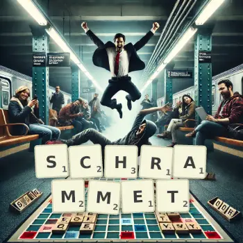 Kreative Illustration für ein Scrabble-Spiel, bei dem das Wort SCHRAMMET mit Steinen auf dem Brett gelegt wurde.