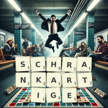 Kreative Illustration für ein Scrabble-Spiel, bei dem das Wort SCHRANKARTIGE mit Steinen auf dem Brett gelegt wurde.