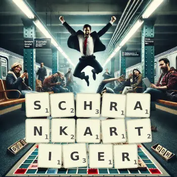 Kreative Illustration für ein Scrabble-Spiel, bei dem das Wort SCHRANKARTIGER mit Steinen auf dem Brett gelegt wurde.