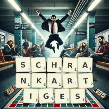 Kreative Illustration für ein Scrabble-Spiel, bei dem das Wort SCHRANKARTIGES mit Steinen auf dem Brett gelegt wurde.
