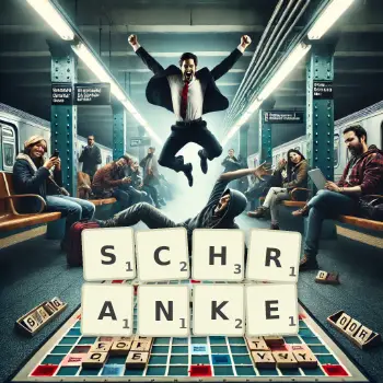 Kreative Illustration für ein Scrabble-Spiel, bei dem das Wort SCHRANKE mit Steinen auf dem Brett gelegt wurde.