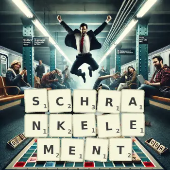 Kreative Illustration für ein Scrabble-Spiel, bei dem das Wort SCHRANKELEMENT mit Steinen auf dem Brett gelegt wurde.