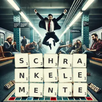 Kreative Illustration für ein Scrabble-Spiel, bei dem das Wort SCHRANKELEMENTE mit Steinen auf dem Brett gelegt wurde.