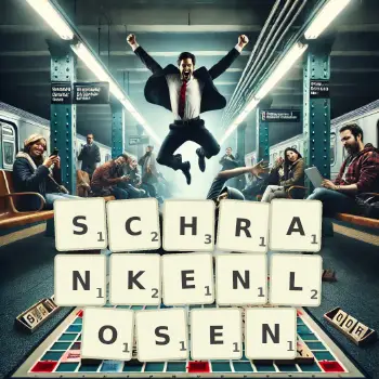 Kreative Illustration für ein Scrabble-Spiel, bei dem das Wort SCHRANKENLOSEN mit Steinen auf dem Brett gelegt wurde.