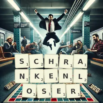 Kreative Illustration für ein Scrabble-Spiel, bei dem das Wort SCHRANKENLOSER mit Steinen auf dem Brett gelegt wurde.