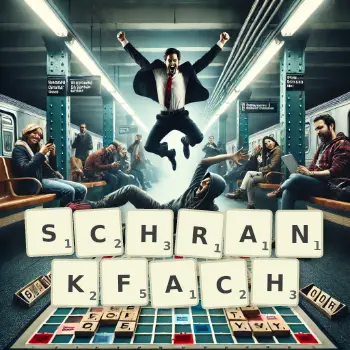Kreative Illustration für ein Scrabble-Spiel, bei dem das Wort SCHRANKFACH mit Steinen auf dem Brett gelegt wurde.