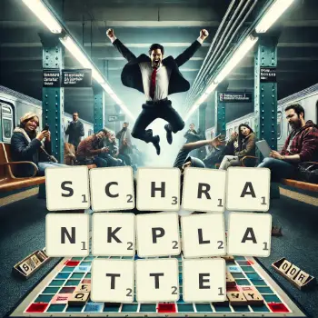 Kreative Illustration für ein Scrabble-Spiel, bei dem das Wort SCHRANKPLATTE mit Steinen auf dem Brett gelegt wurde.