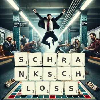 Kreative Illustration für ein Scrabble-Spiel, bei dem das Wort SCHRANKSCHLOSS mit Steinen auf dem Brett gelegt wurde.