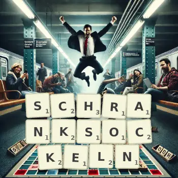 Kreative Illustration für ein Scrabble-Spiel, bei dem das Wort SCHRANKSOCKELN mit Steinen auf dem Brett gelegt wurde.
