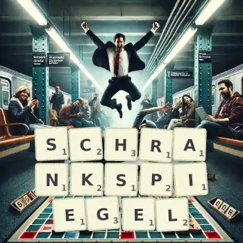 Kreative Illustration für ein Scrabble-Spiel, bei dem das Wort SCHRANKSPIEGEL mit Steinen auf dem Brett gelegt wurde.