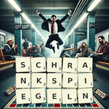 Kreative Illustration für ein Scrabble-Spiel, bei dem das Wort SCHRANKSPIEGELN mit Steinen auf dem Brett gelegt wurde.