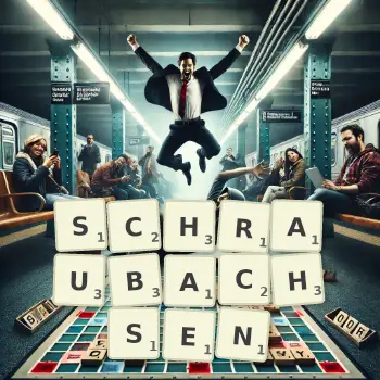 Kreative Illustration für ein Scrabble-Spiel, bei dem das Wort SCHRAUBACHSEN mit Steinen auf dem Brett gelegt wurde.