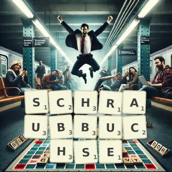 Kreative Illustration für ein Scrabble-Spiel, bei dem das Wort SCHRAUBBUCHSE mit Steinen auf dem Brett gelegt wurde.