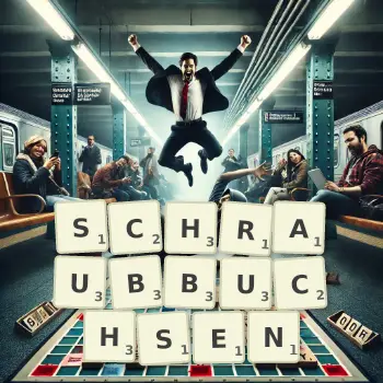 Kreative Illustration für ein Scrabble-Spiel, bei dem das Wort SCHRAUBBUCHSEN mit Steinen auf dem Brett gelegt wurde.